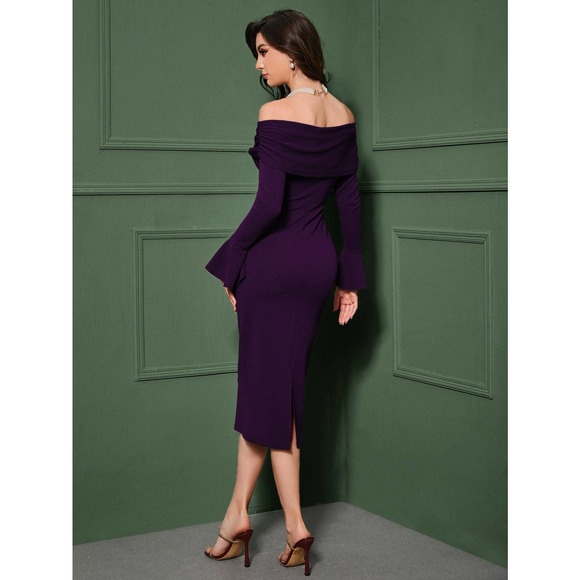 Foldover Off the Shoulder Flounce Sleeve Bodycon midi dress maroon burgundy red - Picture 3 of 11